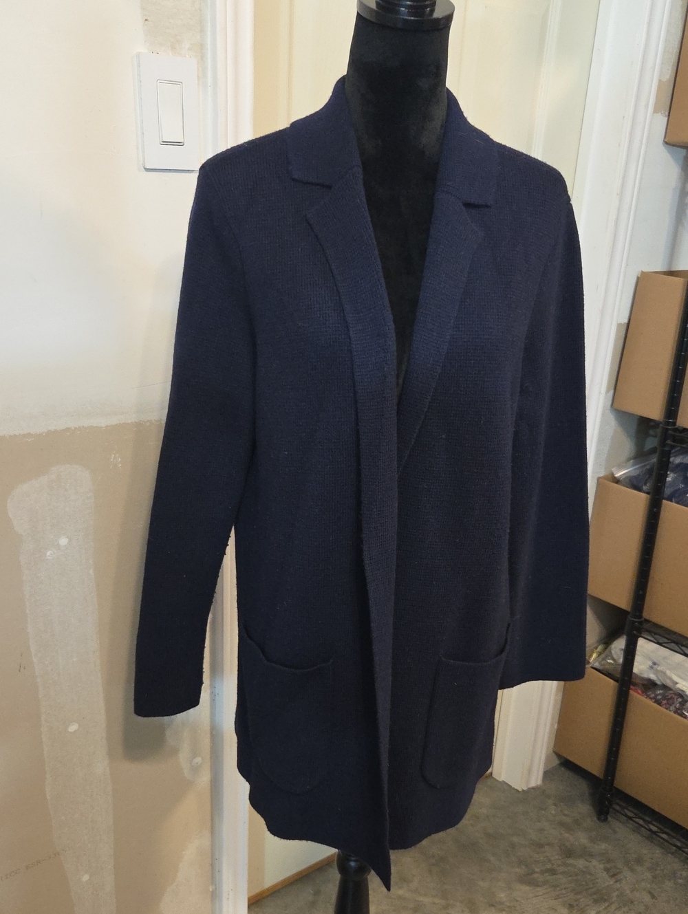 Talbots Navy Open-Front Knit Blazer Sweater Cardigan Patch Pockets Lagenlook
